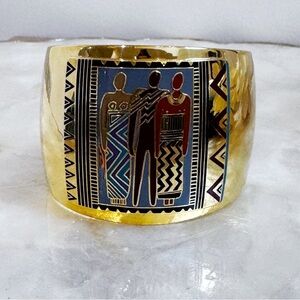 Vintage Laurel Burch Brass Tribal Enamel Cuff Bracelet Boho